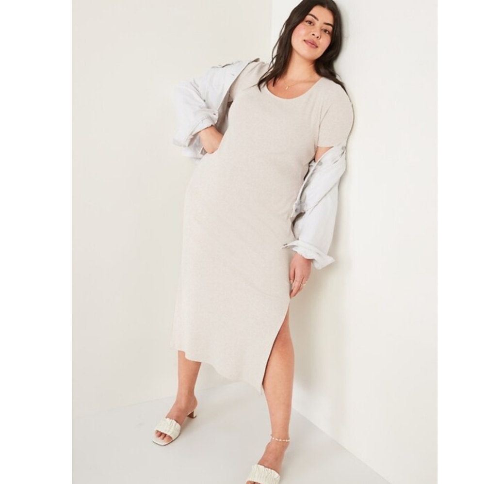 Old Navy Beige Ribbed Midi Dress with Side Slit